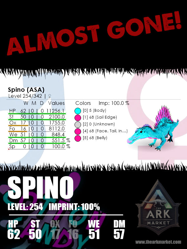 Ark Survival Ascended Spino dinosaur, level 254, blue and pink, almost gone notice