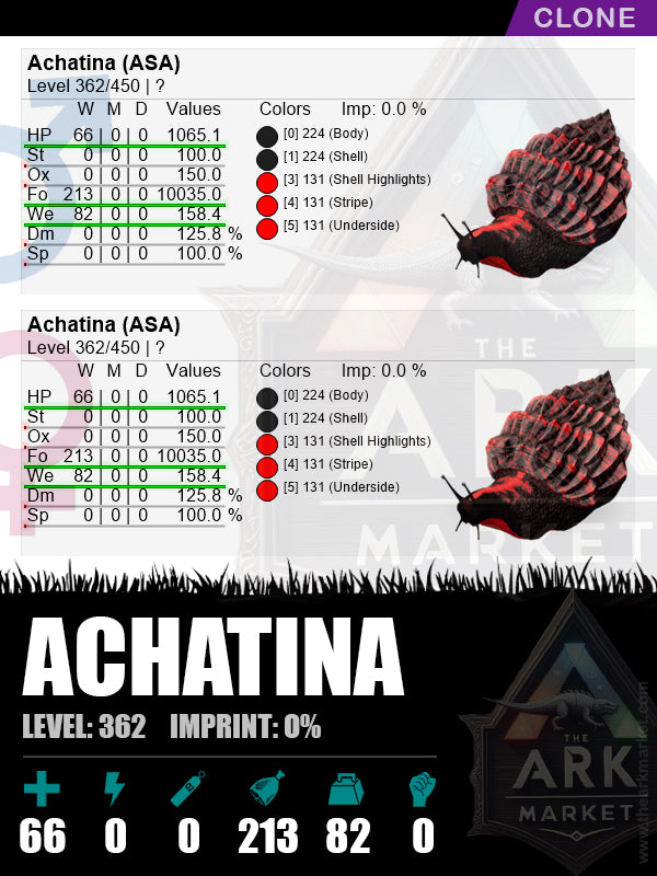 Achatina | Lvl362 | FO: 10035 (213) / WE: 158.4 (82)