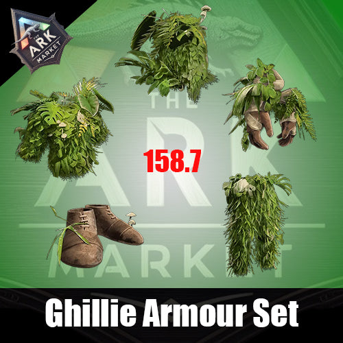 Ghillie armor set with leafy green camouflage pieces for Ark: Survival Ascended