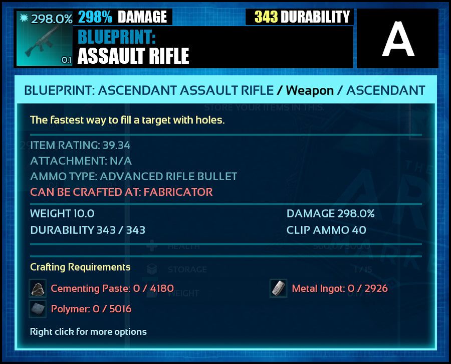 Blueprint: 298.0% Assault Rifle - Top Damage - The Ark Market