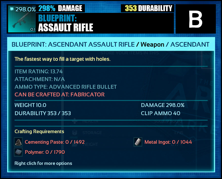 Blueprint: 298.0% Assault Rifle - Top Damage - The Ark Market