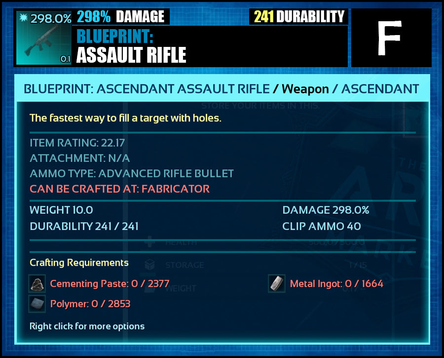 Blueprint: 298.0% Assault Rifle - Top Damage - The Ark Market