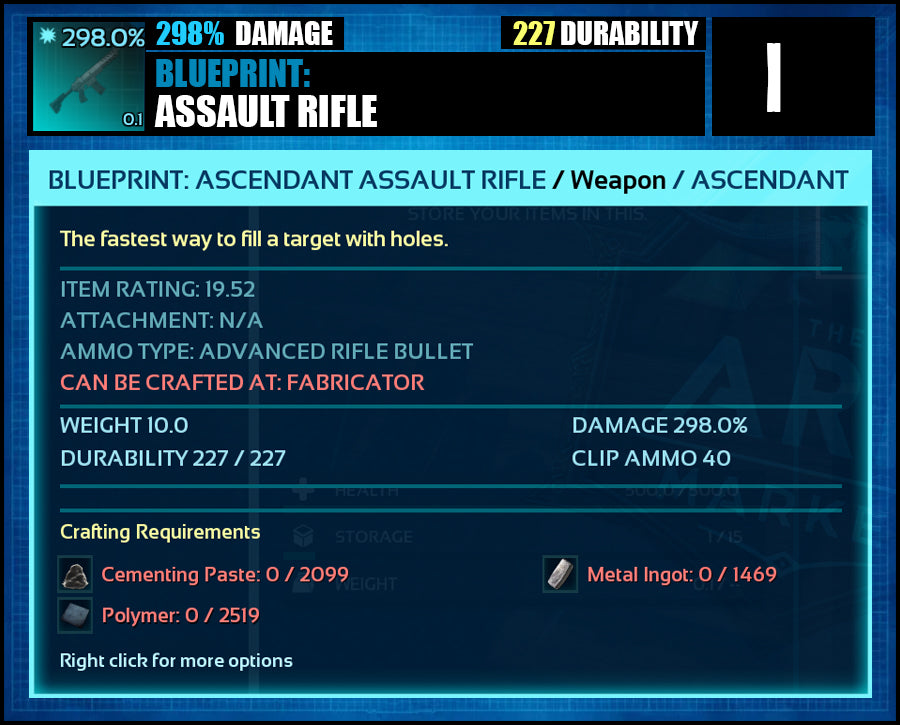 Blueprint: 298.0% Assault Rifle - Top Damage - The Ark Market