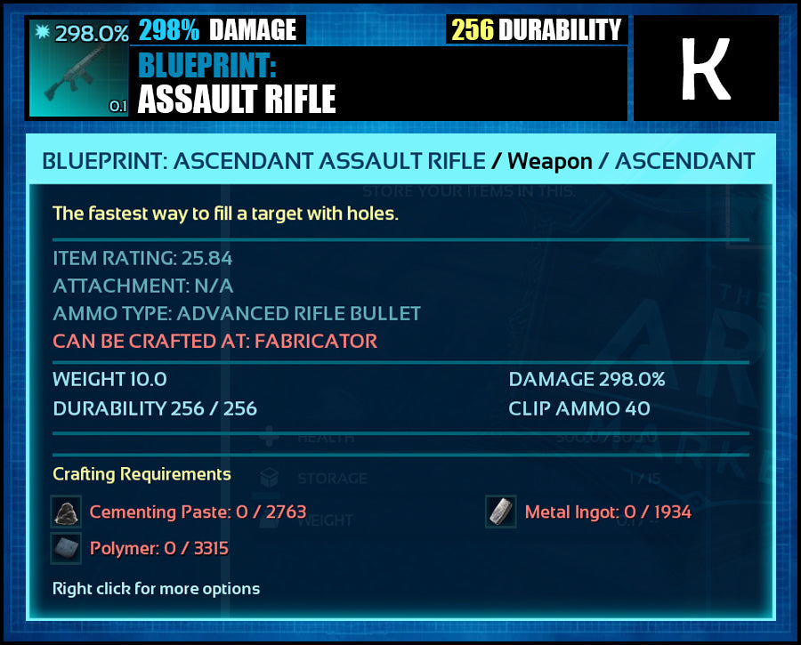 Blueprint: 298.0% Assault Rifle - Top Damage - The Ark Market