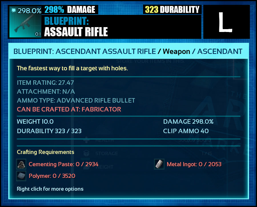 Blueprint: 298.0% Assault Rifle - Top Damage - The Ark Market