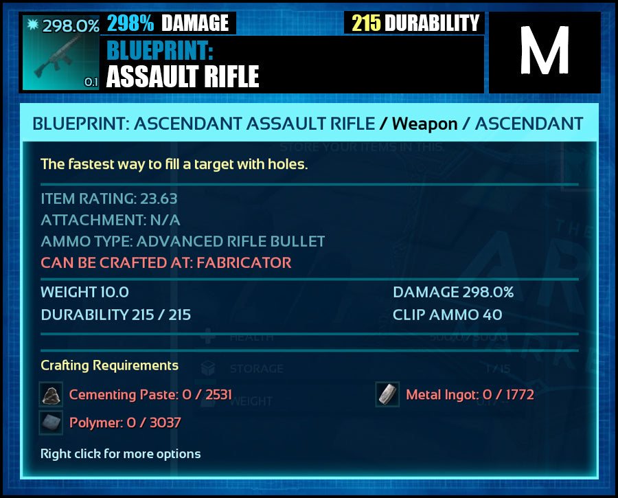 Blueprint: 298.0% Assault Rifle - Top Damage - The Ark Market