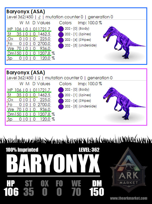 Baryonyx | Lvl362 | 9768.1 [106] HP / 1007.8% [150] DM | 100% Imprinted