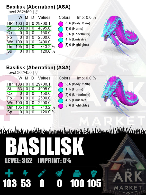 Basilisk | Lvl 362 | WE: 2400 (100) / DM: 743.2% (105) - The Ark Market