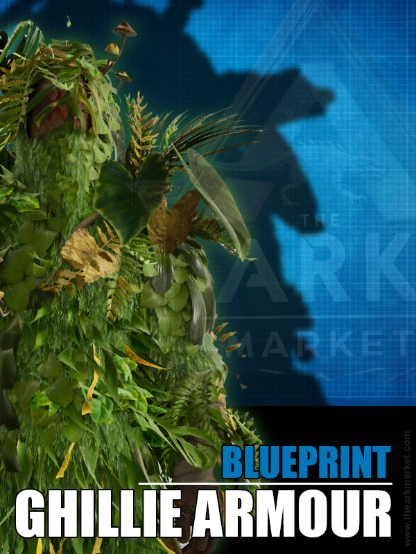 Ghillie Armour blueprint from Ark Survival Ascended, leaf camouflage suit on blue tech background