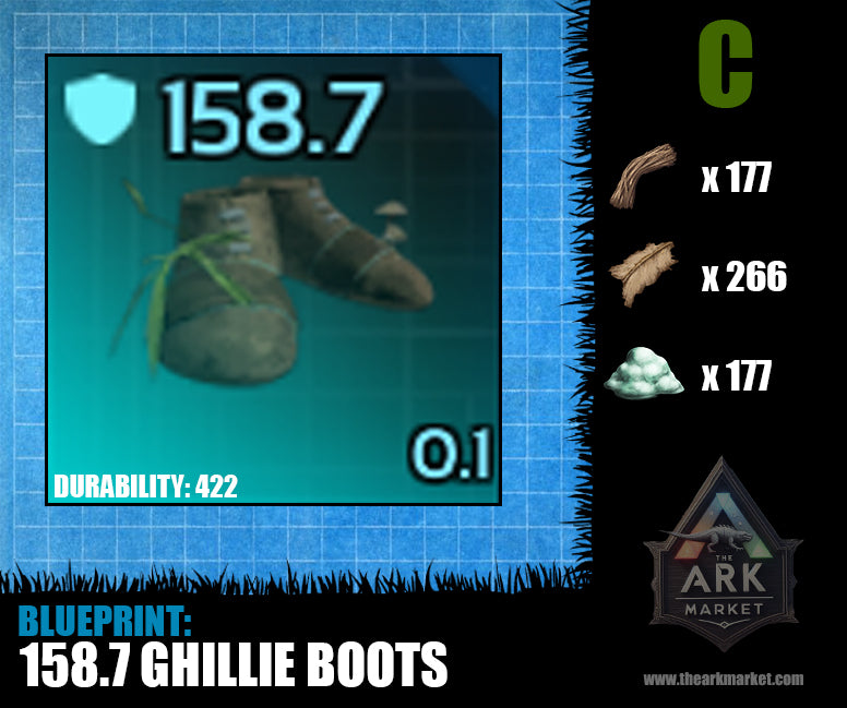Ark Survival Ascended blueprint for 158.7 armor ghillie boots, durability 422, crafting materials list