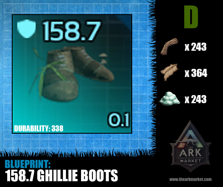 Ark Survival Ascended blueprint for 158.7 armor ghillie boots, materials and durability shown