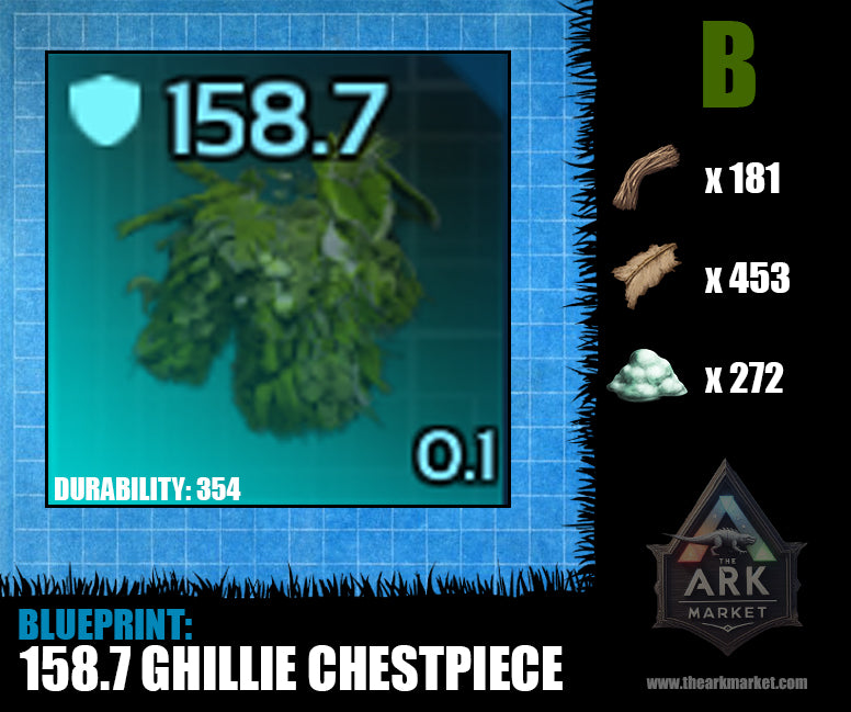 Blueprint for 158.7 armor Ghillie Chestpiece in Ark: Survival Ascended with crafting materials listed.