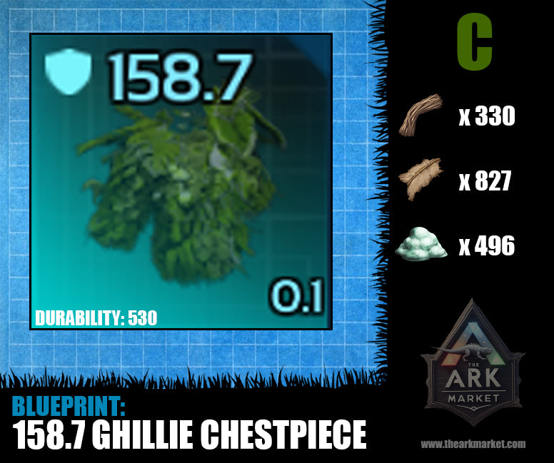 Ark Survival Ascended 158.7 armor Ghillie Chestpiece blueprint with durability and crafting materials list
