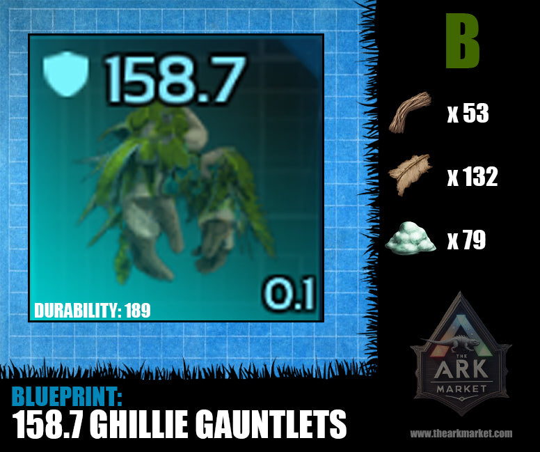 Ark Survival Ascended 158.7 ghillie gauntlets blueprint with durability and crafting materials