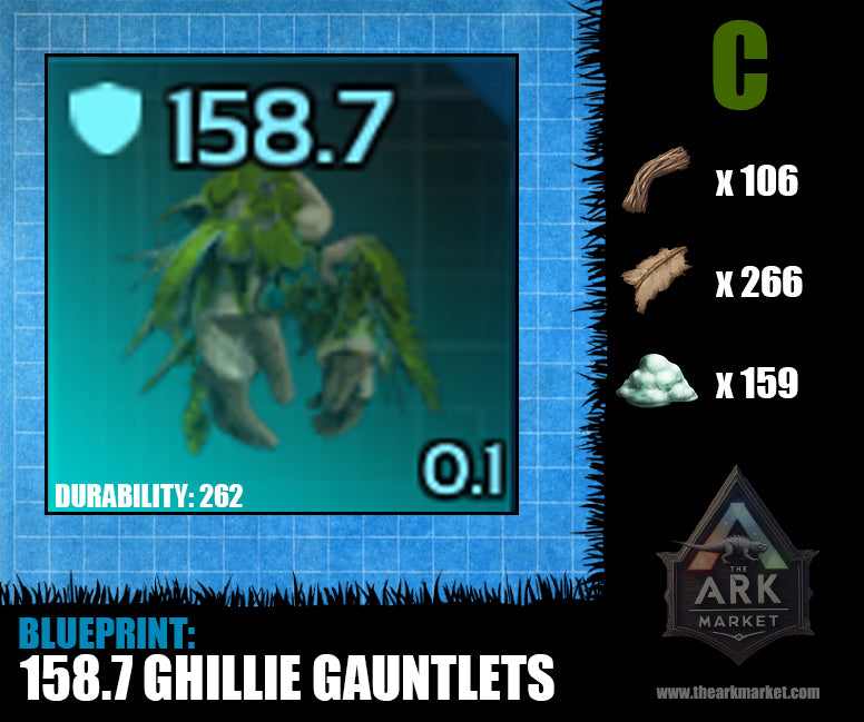 Ark Survival Ascended blueprint for 158.7 armor ghillie gauntlets, durability 262, crafting materials listed.