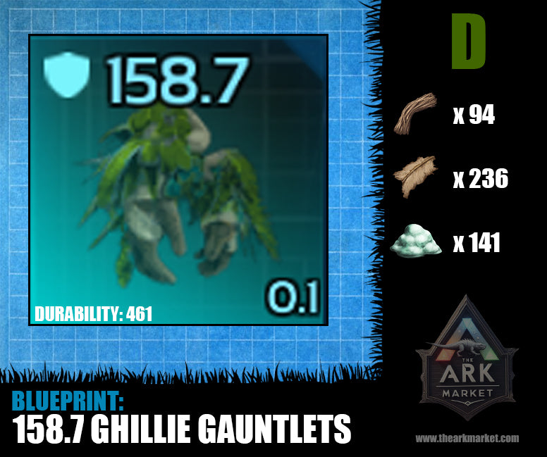 Ark Survival Ascended ghillie gauntlets blueprint with 158.7 armor, crafting materials, and durability value