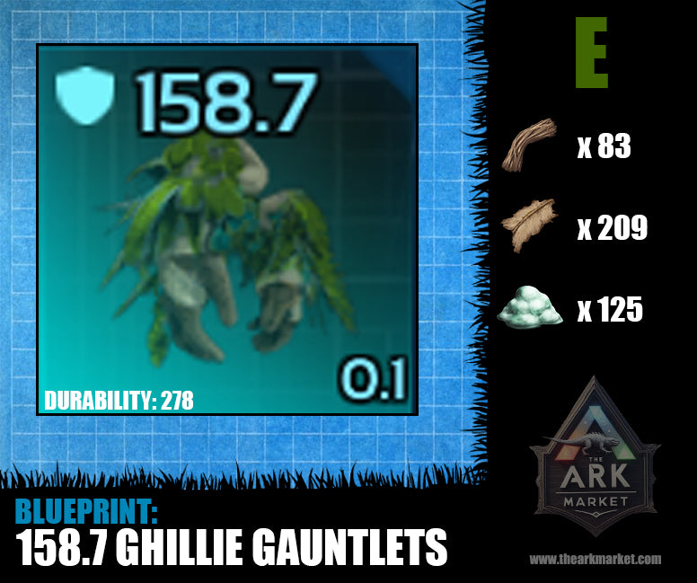 Ark Survival Ascended 158.7 ghillie gauntlets blueprint with crafting materials and stats