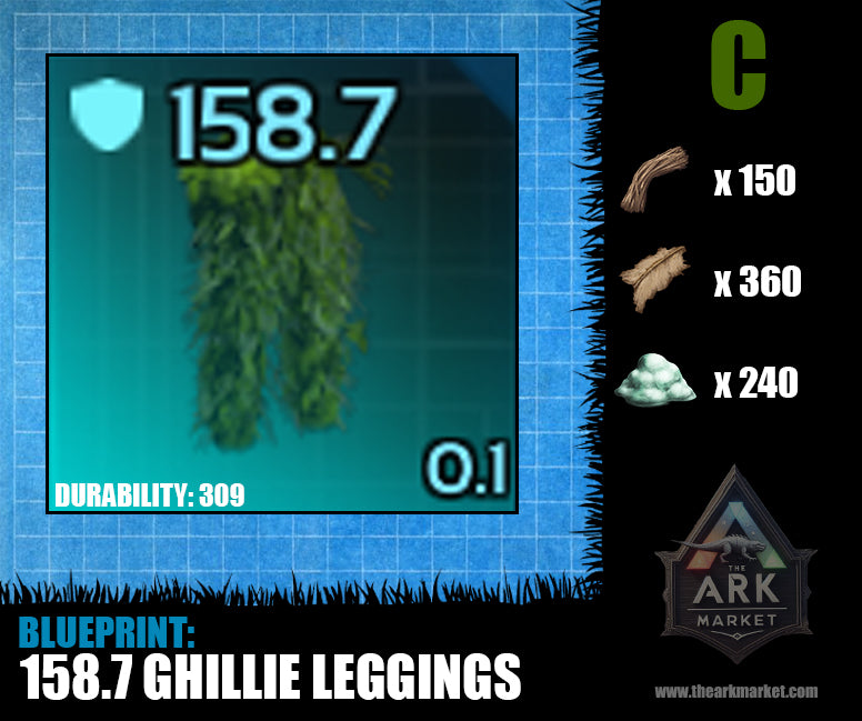 Ark Survival Ascended blueprint for 158.7 armor ghillie leggings, durability 309, crafting materials list