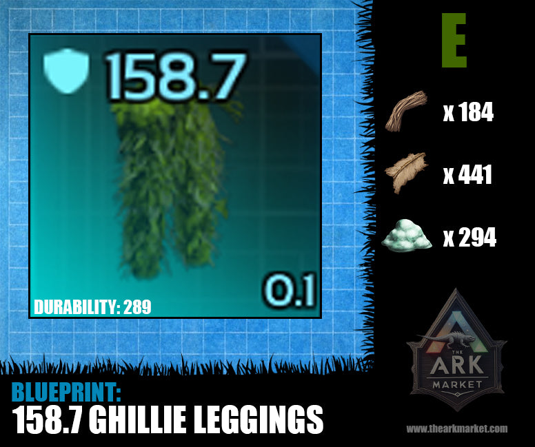 Blueprint for 158.7 Ghillie Leggings with durability 289 and crafting material requirements from Ark Survival Ascended