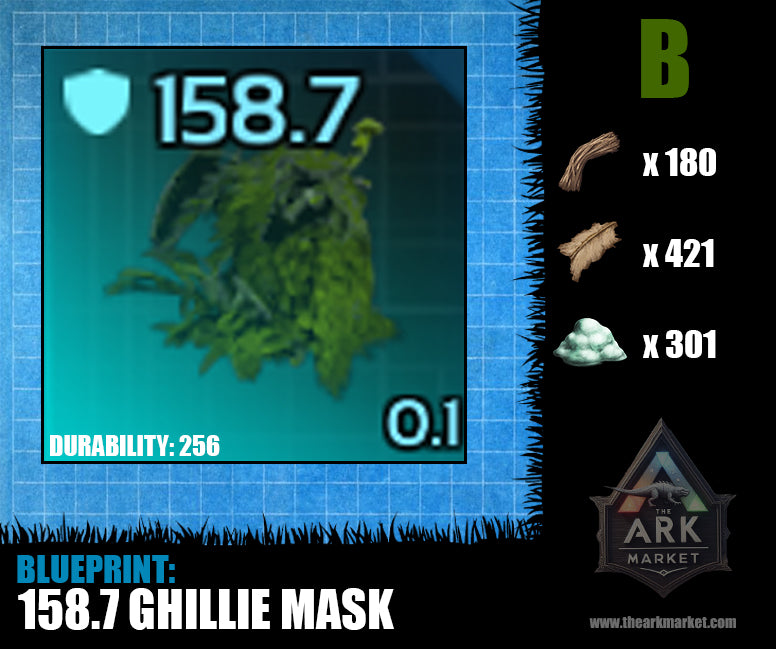 Blueprint for 158.7 armor Ghillie Mask in Ark Survival Ascended with crafting materials and durability stats.