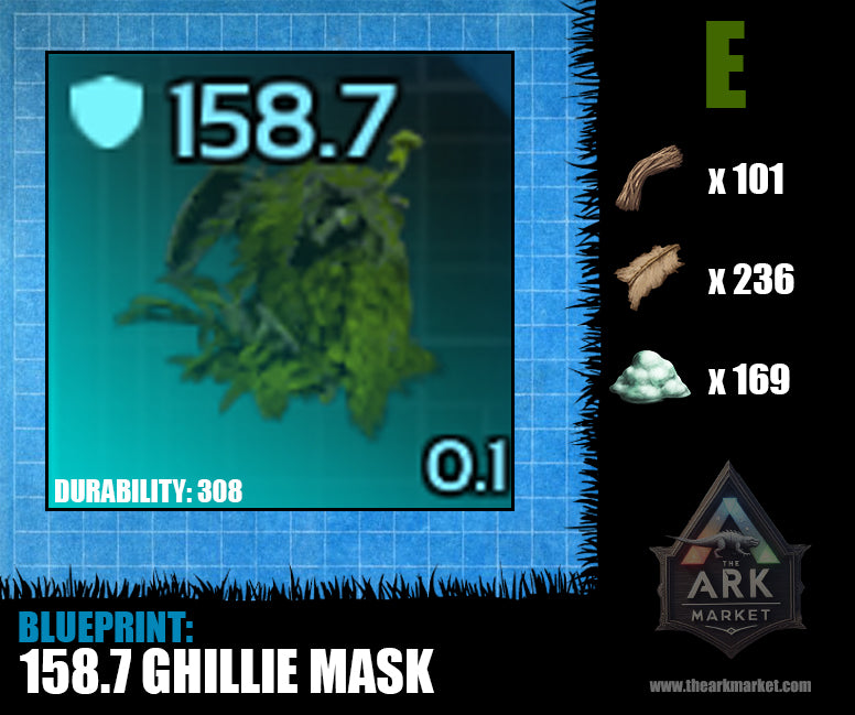 Ark Survival Ascended 158.7 armor ghillie mask blueprint with durability 308 and crafting materials listed