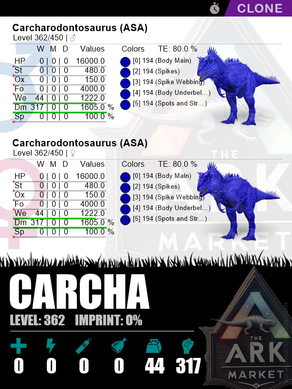 Carcha (Clone) | Lvl362 | HP: 16000 (0) / DM: 1605% (317) - The Ark Market