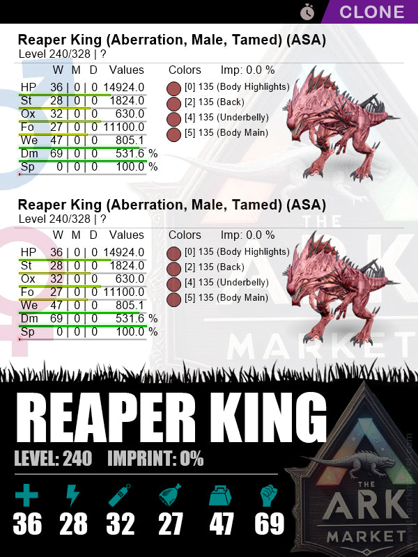 Reaper King (Clone) | Lvl240 | DM: 531.6% (69) - The Ark Market