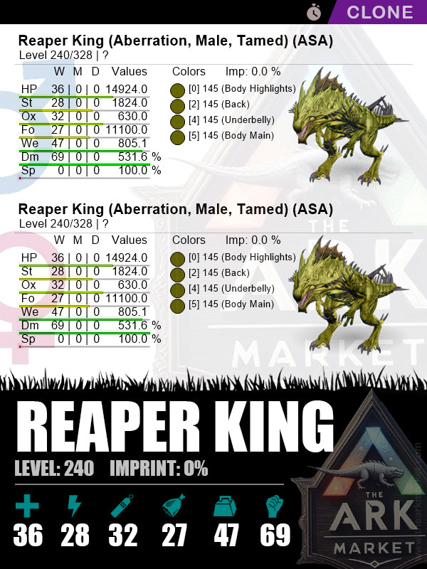Reaper King (Clone) | Lvl240 | DM: 531.6% (69) - The Ark Market
