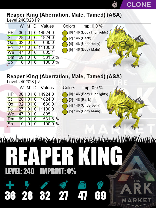 Reaper King (Clone) | Lvl240 | DM: 531.6% (69) - The Ark Market
