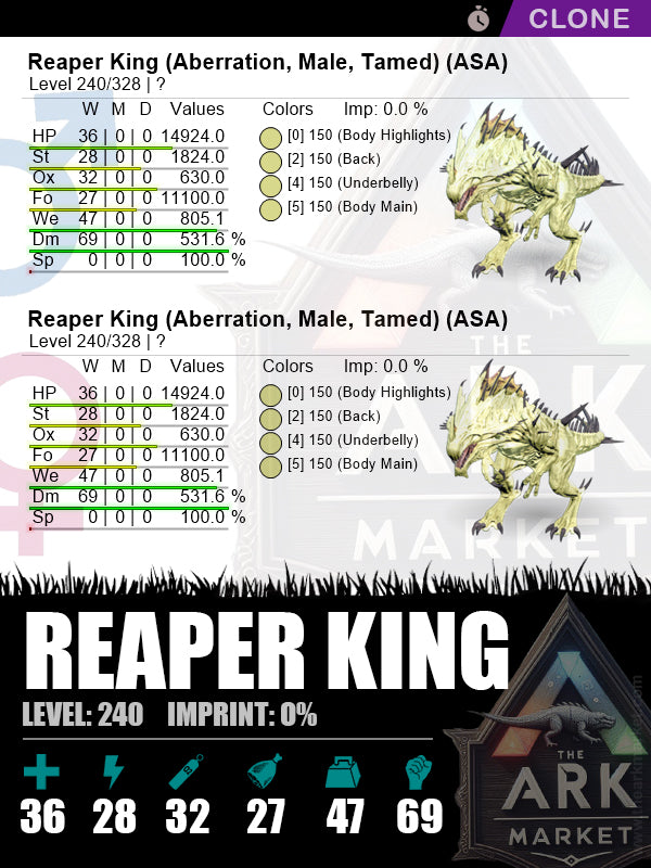 Reaper King (Clone) | Lvl240 | DM: 531.6% (69) - The Ark Market