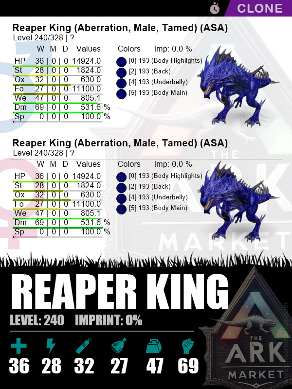 Reaper King (Clone) | Lvl240 | DM: 531.6% (69) - The Ark Market