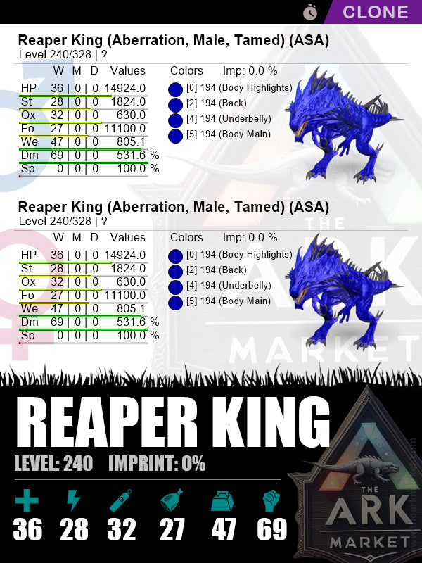 Reaper King (Clone) | Lvl240 | DM: 531.6% (69) - The Ark Market