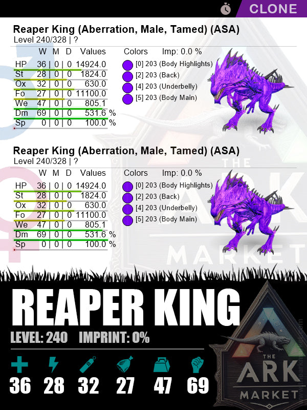 Reaper King (Clone) | Lvl240 | DM: 531.6% (69) - The Ark Market