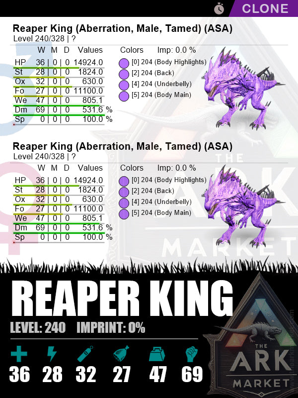 Reaper King (Clone) | Lvl240 | DM: 531.6% (69) - The Ark Market