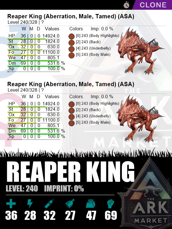 Reaper King (Clone) | Lvl240 | DM: 531.6% (69) - The Ark Market