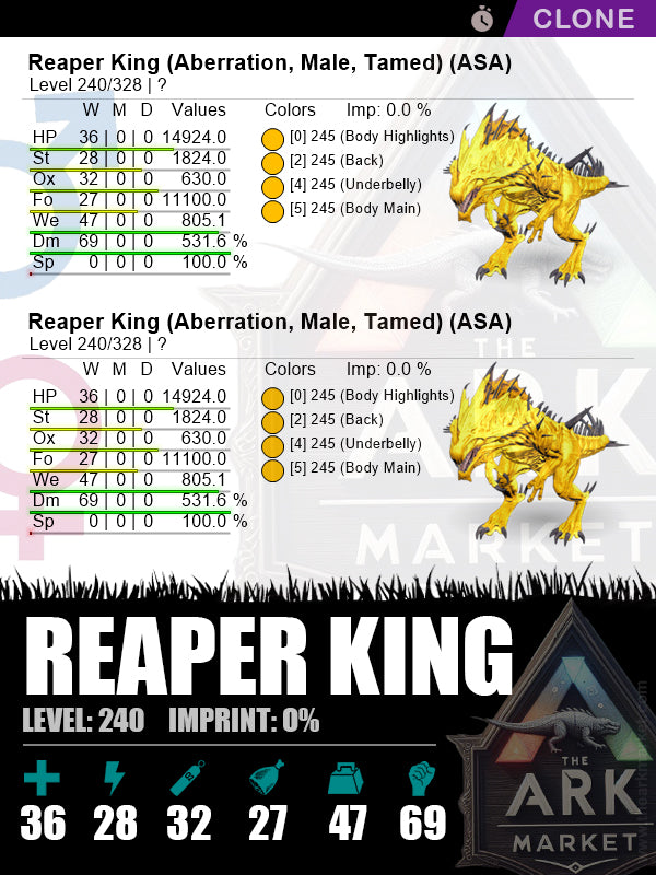 Reaper King (Clone) | Lvl240 | DM: 531.6% (69) - The Ark Market