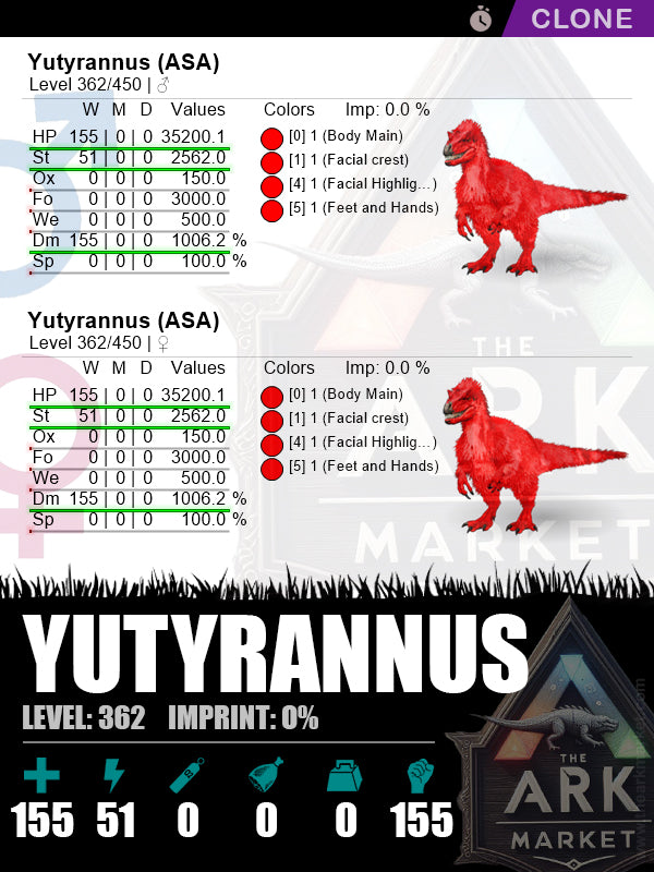Yutyrannus (Clone) | Lvl362 | HP: 35200.1 (155) / DM: 1037.2% (155) - The Ark Market