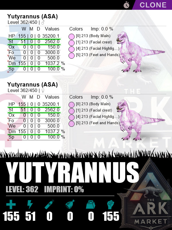 Yutyrannus (Clone) | Lvl362 | HP: 35200.1 (155) / DM: 1037.2% (155) - The Ark Market