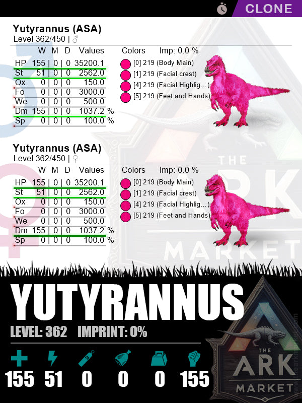 Yutyrannus (Clone) | Lvl362 | HP: 35200.1 (155) / DM: 1037.2% (155) - The Ark Market