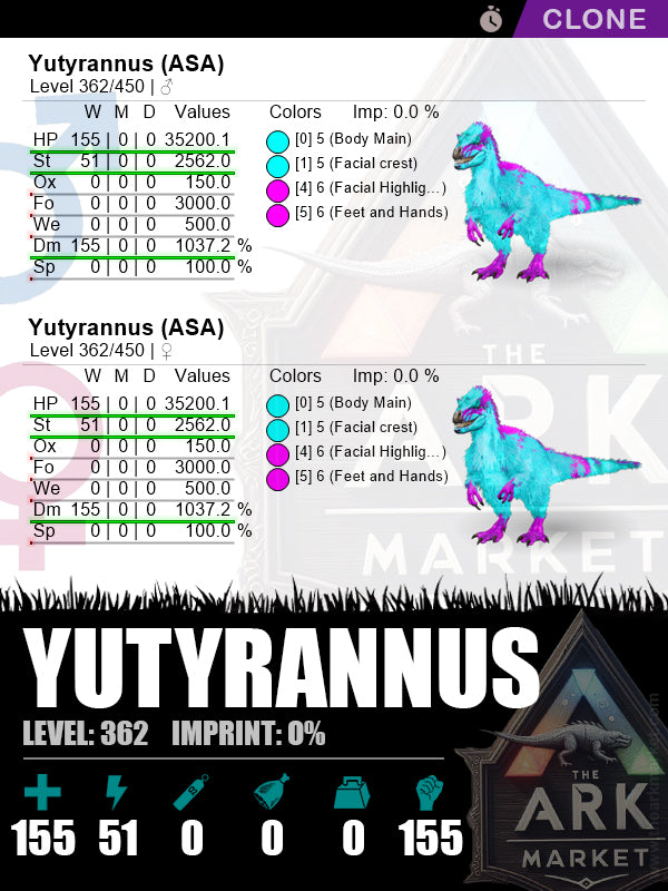 Yutyrannus (Clone) | Lvl362 | HP: 35200.1 (155) / DM: 1037.2% (155) - The Ark Market