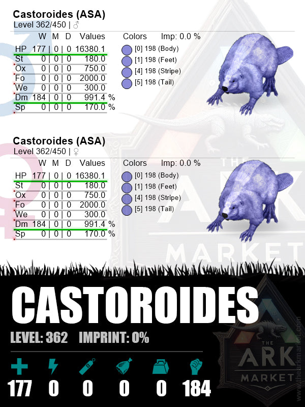 Castoroides | Lvl362 | HP: 16380.1 (177) / DM: 991.4% (184) - The Ark Market