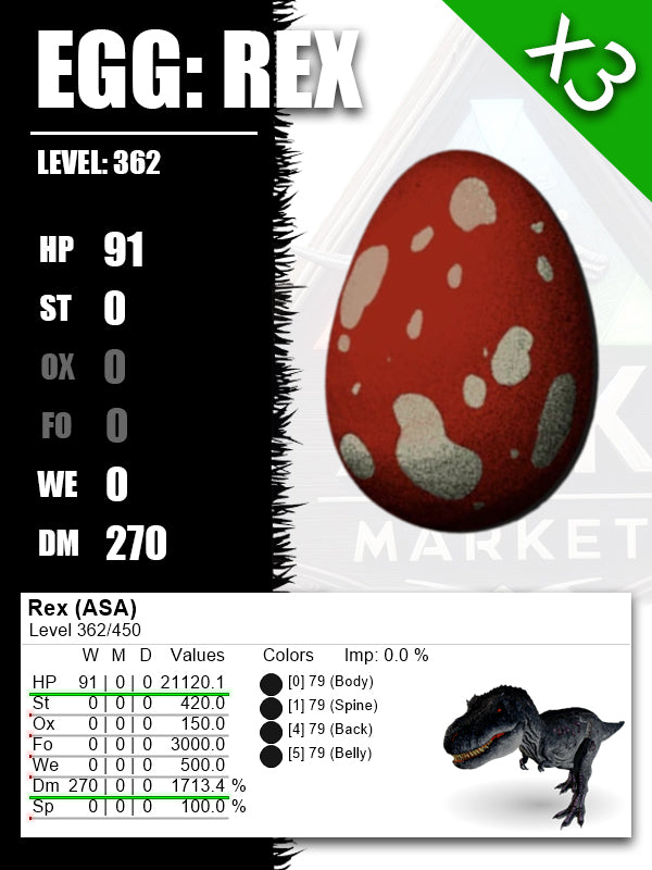 Egg: Rex | Lvl362 | 21120.1HP [91] / 1713.4%DM [270] | ASA TOP STATS - The Ark Market