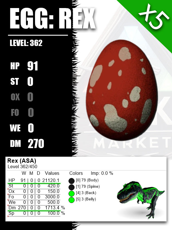 Egg: Rex | Lvl362 | 21120.1HP [91] / 1713.4%DM [270] | ASA TOP STATS - The Ark Market