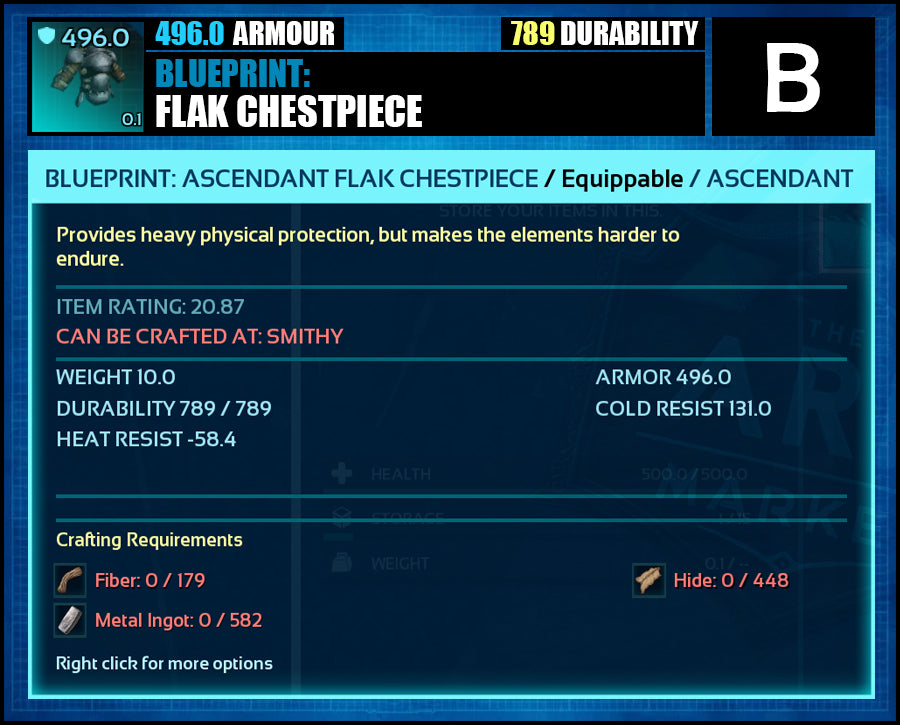 Blueprint: 496.0 Flak Armour - Top Armour Rating - The Ark Market