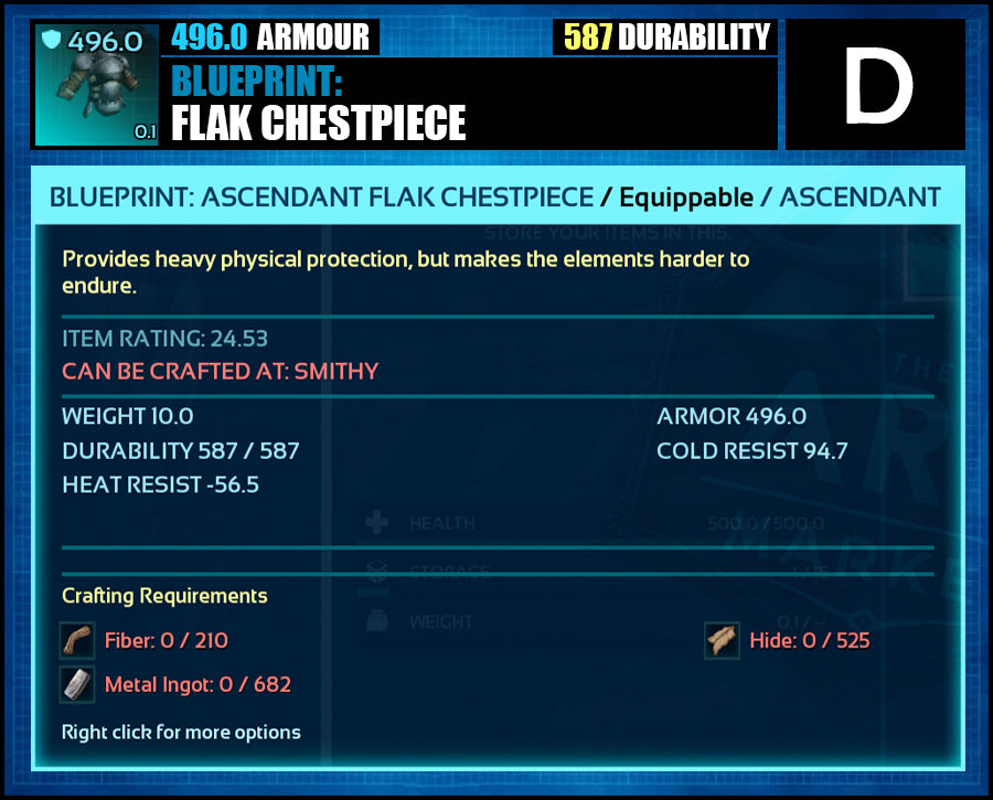 Blueprint: 496.0 Flak Armour - Top Armour Rating - The Ark Market