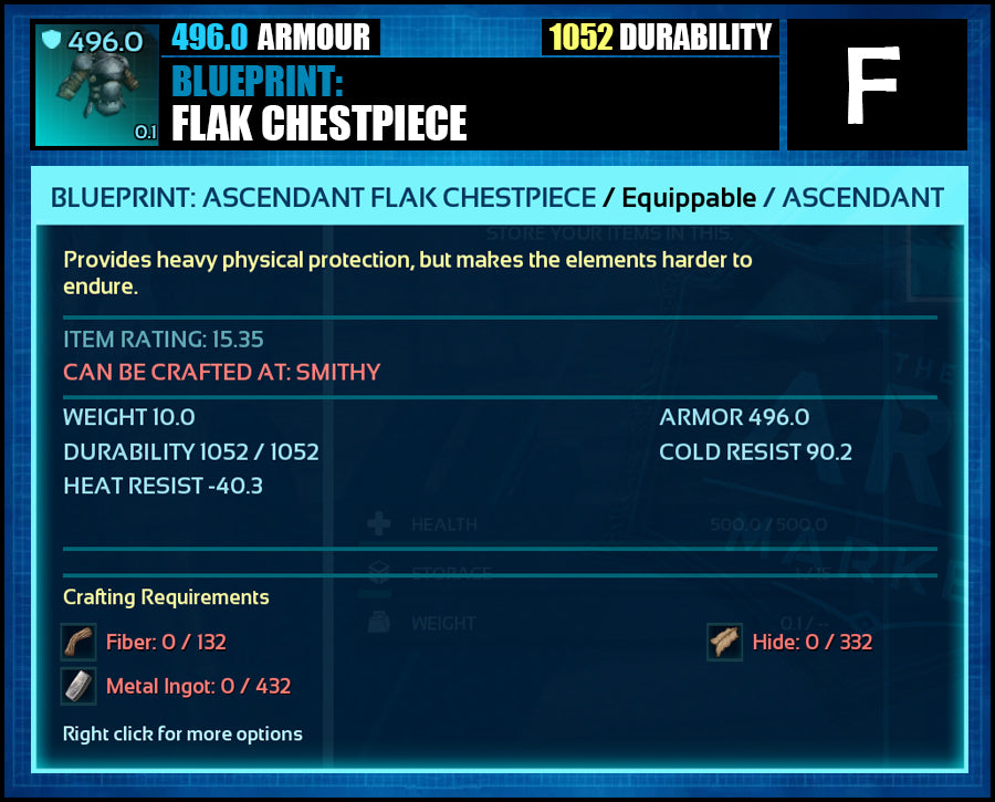Blueprint: 496.0 Flak Armour - Top Armour Rating - The Ark Market