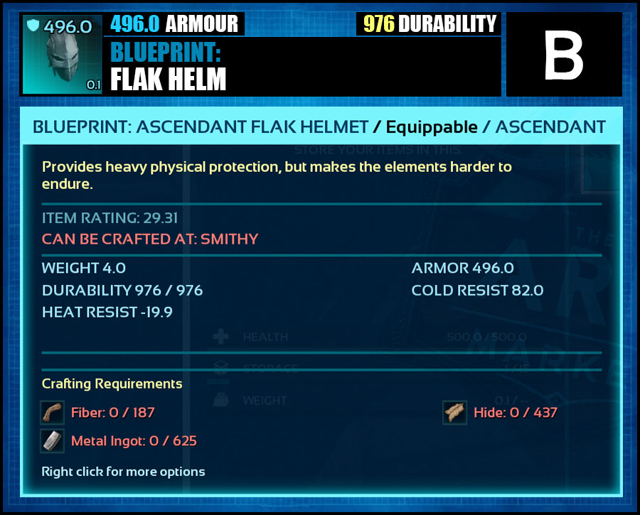 Blueprint: 496.0 Flak Armour - Top Armour Rating - The Ark Market
