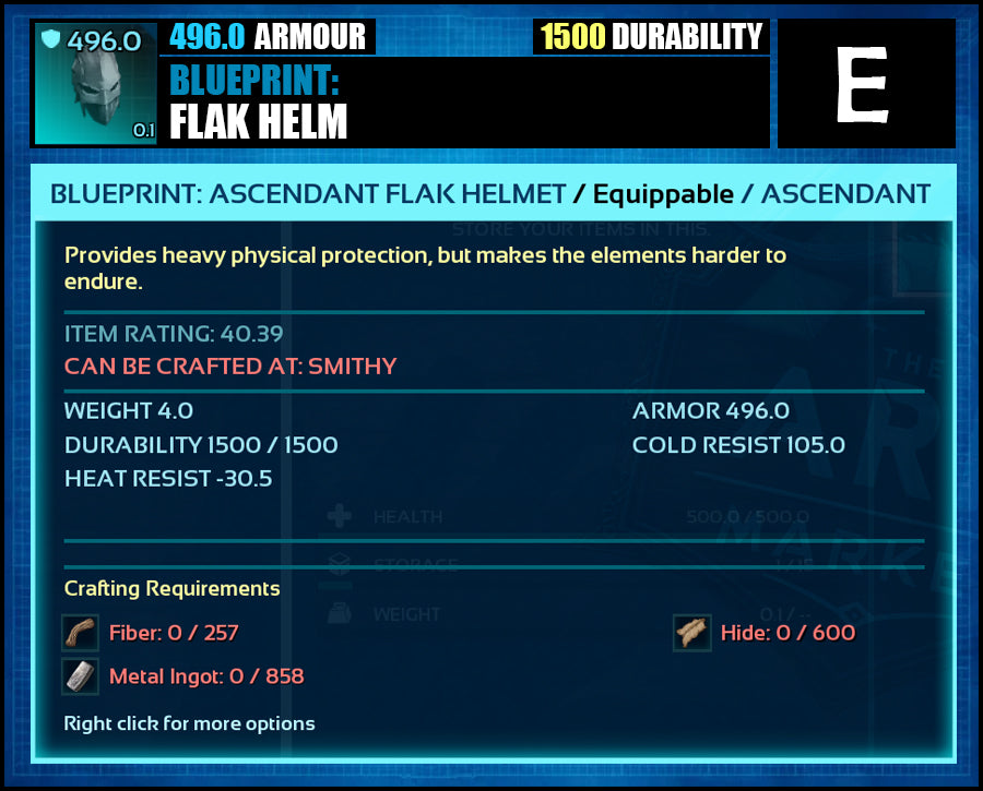 Blueprint: 496.0 Flak Armour - Top Armour Rating - The Ark Market