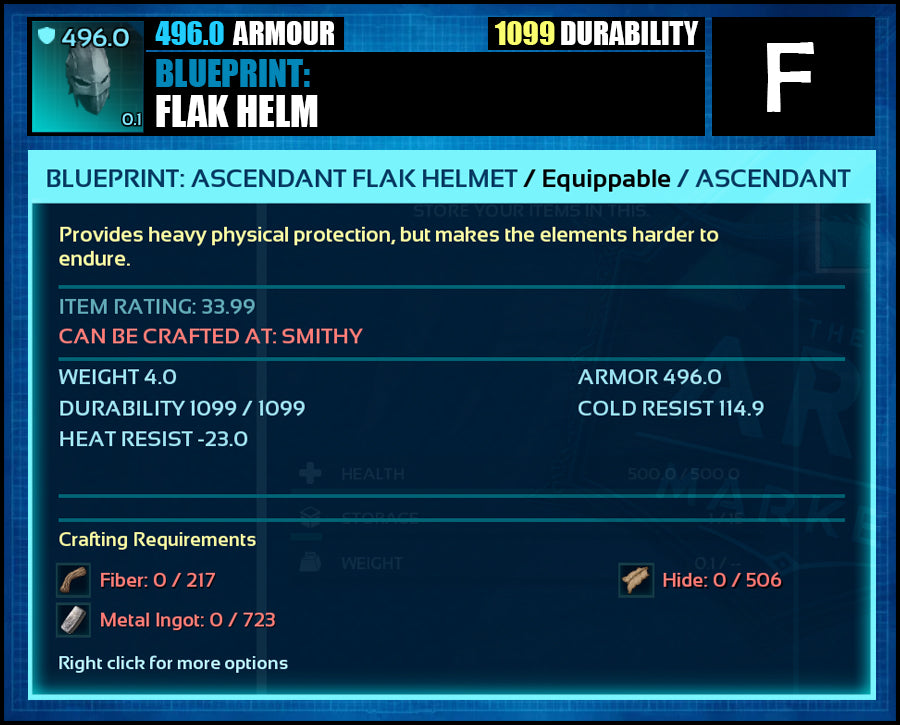 Blueprint: 496.0 Flak Armour - Top Armour Rating - The Ark Market