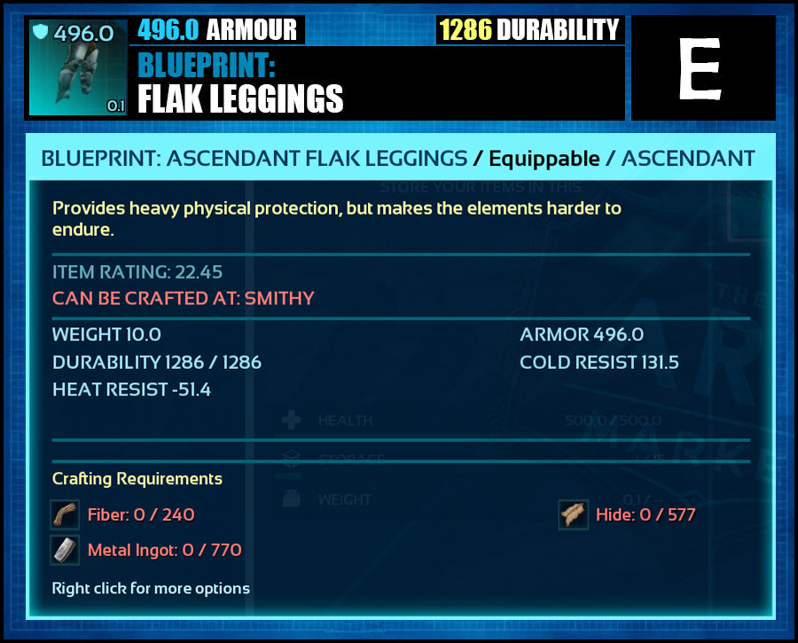 Blueprint: 496.0 Flak Armour - Top Armour Rating - The Ark Market
